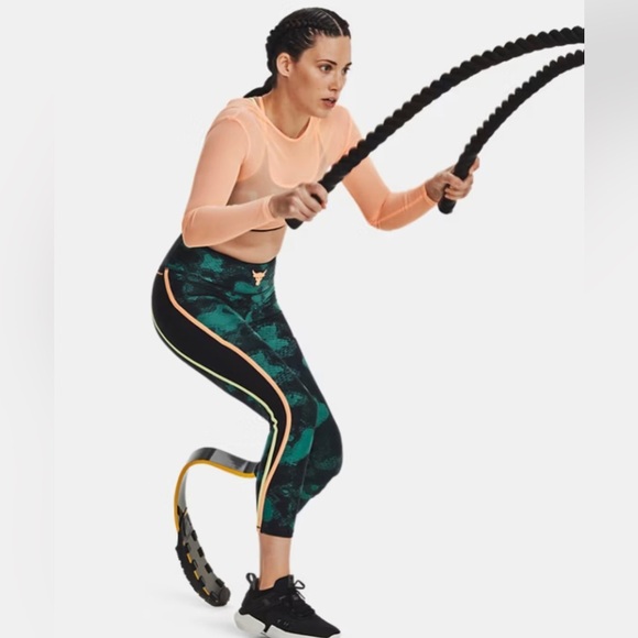 UNDER ARMOUR Project Rock Peach Horizon Black Orange Sheer Mesh crop top size XS - Picture 8 of 10